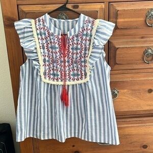 Women’s Blue And White Striped Blouse With Embroidery Size Large NWOT